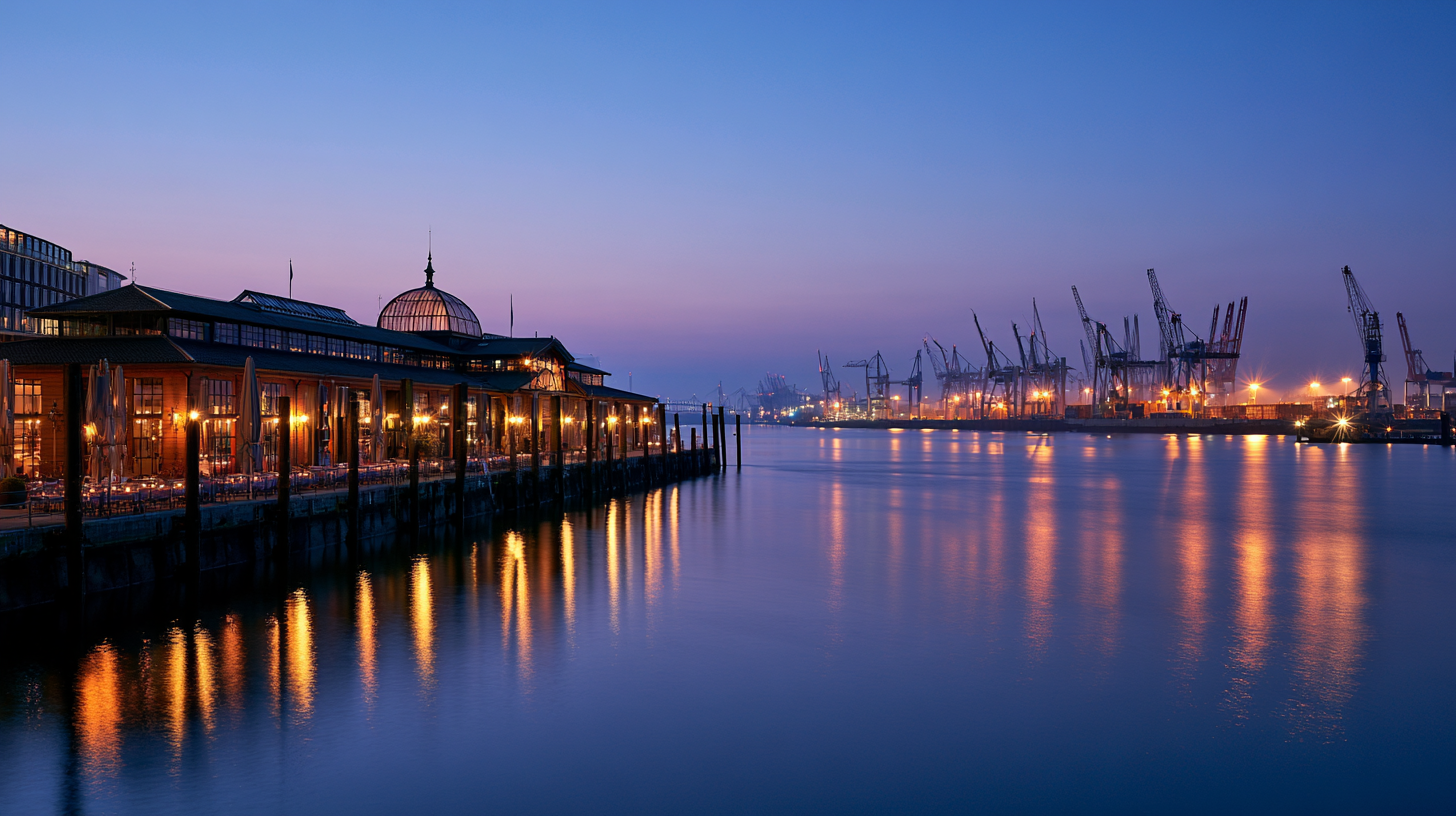 Hamburger Hafen zur blauen Stunde mit Restaurant-Lichtern am Pier
