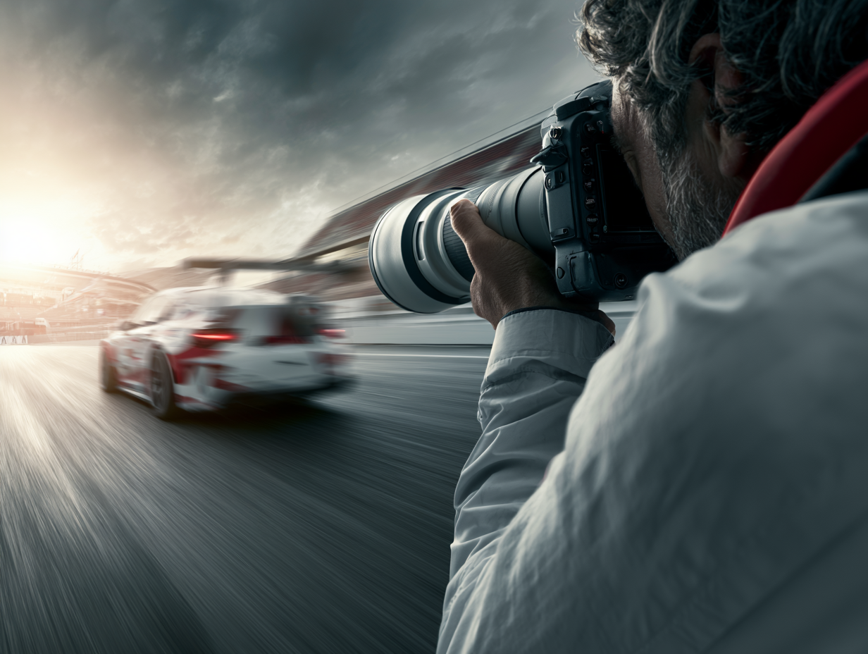 Motorsport-Fotograf mit Teleobjektiv an der Rennstrecke