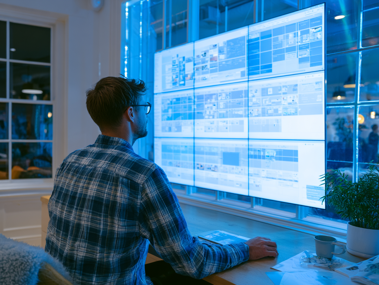 Marketing-Stratege prüft einen Content-Kalender auf großem Bildschirm