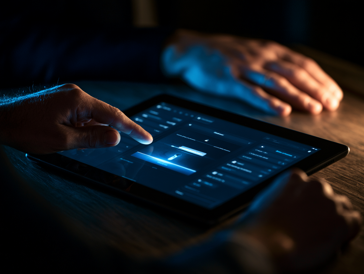 Hände entsperren ein Kundenportal auf einem Tablet
