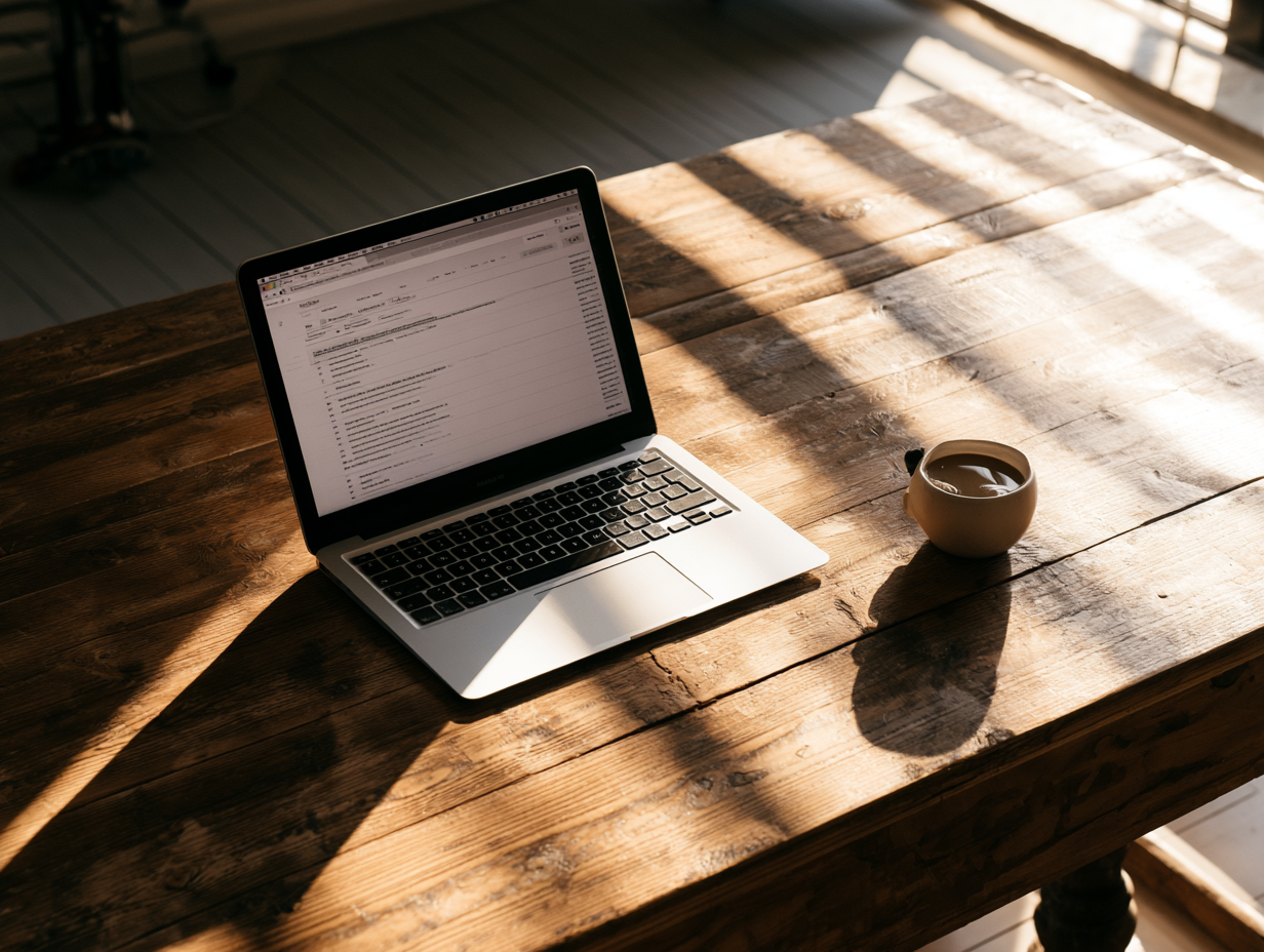 Laptop mit aufgeräumtem Posteingang im Morgenlicht
