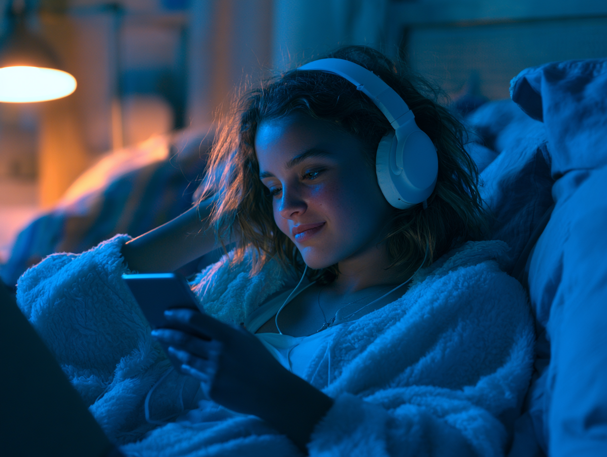 Teenager mit Kopfhörern singt zu Lyrics auf dem Smartphone