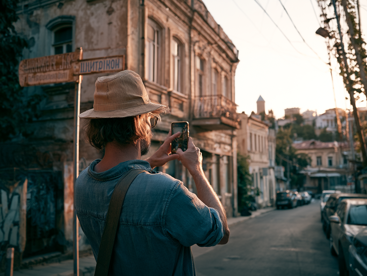 Reisender fotografiert ein georgisches Straßenschild in Tbilisi