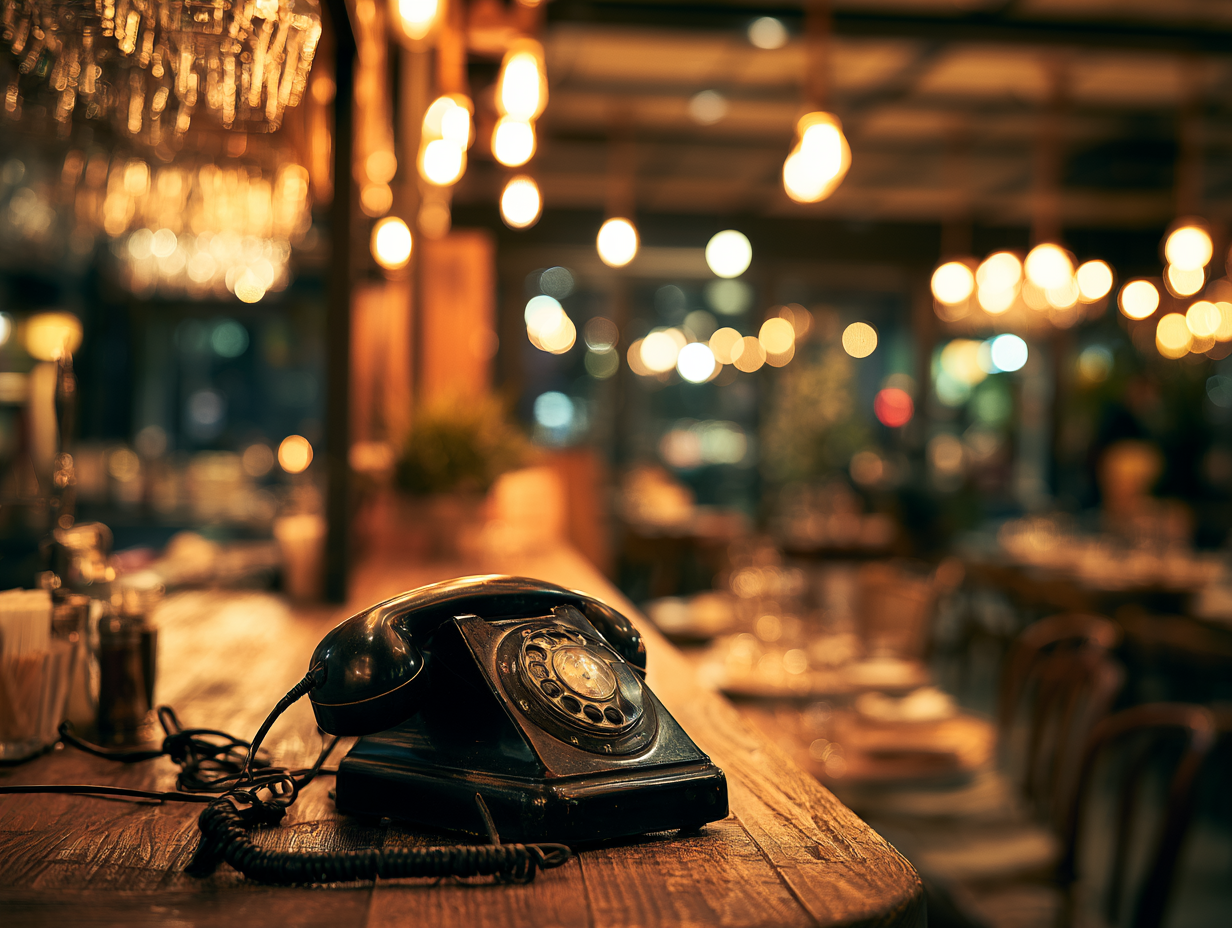 Vintage-Telefon auf Holztresen in warmem Restaurant